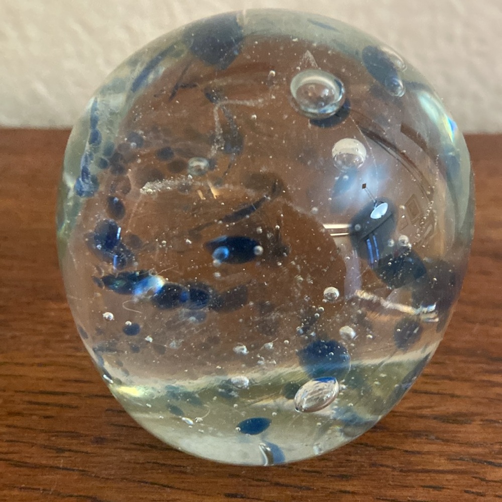 Vintage 70s Blue and Clear Glass Paperweight